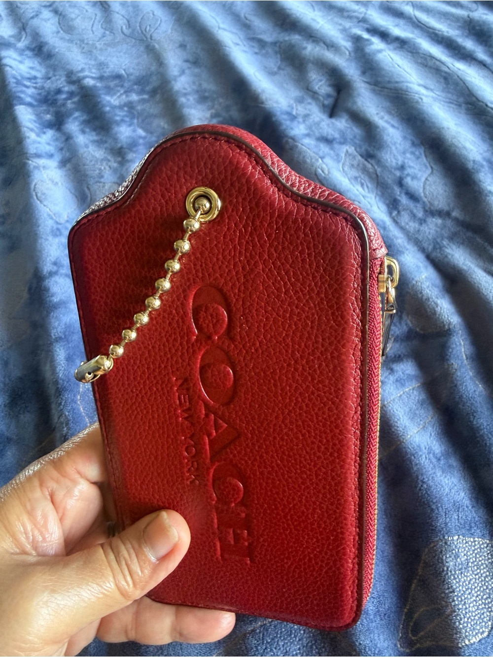 Coach Red Pebbled Leather Chain Wristlet Pouch with Gold Accents - Picture 8 of 16